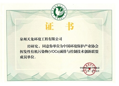  VOCs Control Technology Innovation Alliance Certificate